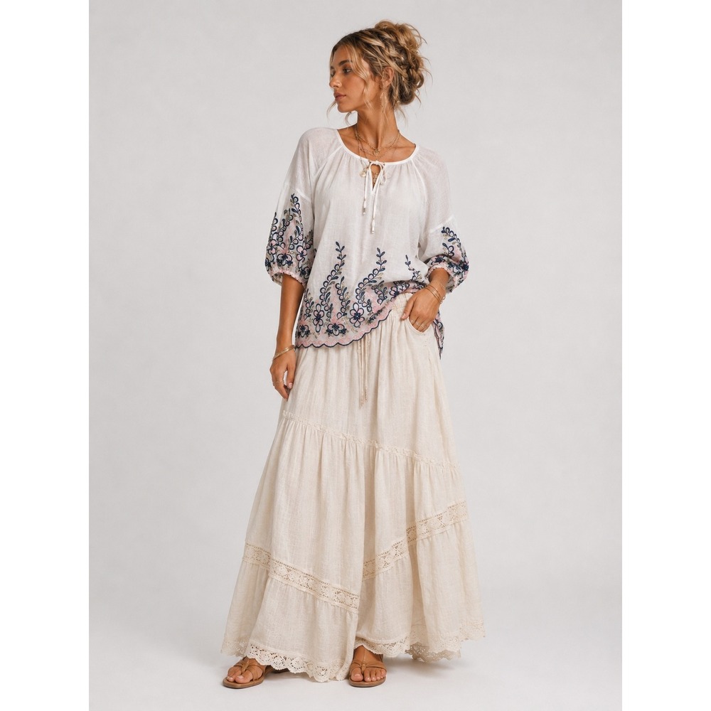 Kindred Anthropologie Embroidered 100% Boho Cotton Peasant Blouse White Floral M